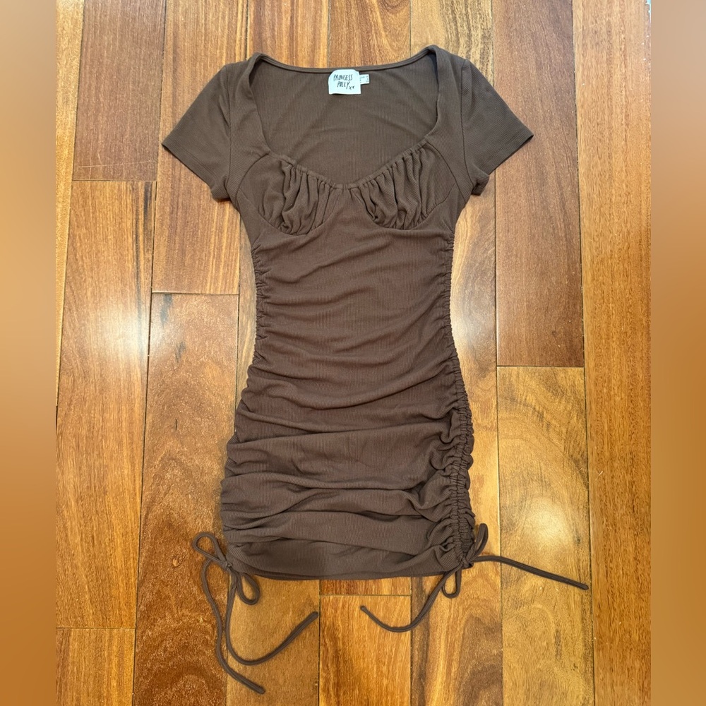 Princess Polly Brown Ruched Bodycon Mini Dress Drawstring Sides Size 6
